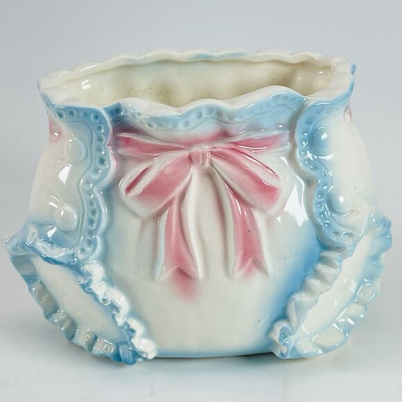 VTG Pink Blue Ceramic Diaper Bootie Nursery Planter Baby Shower Gender Reveal - Picture 1 of 10